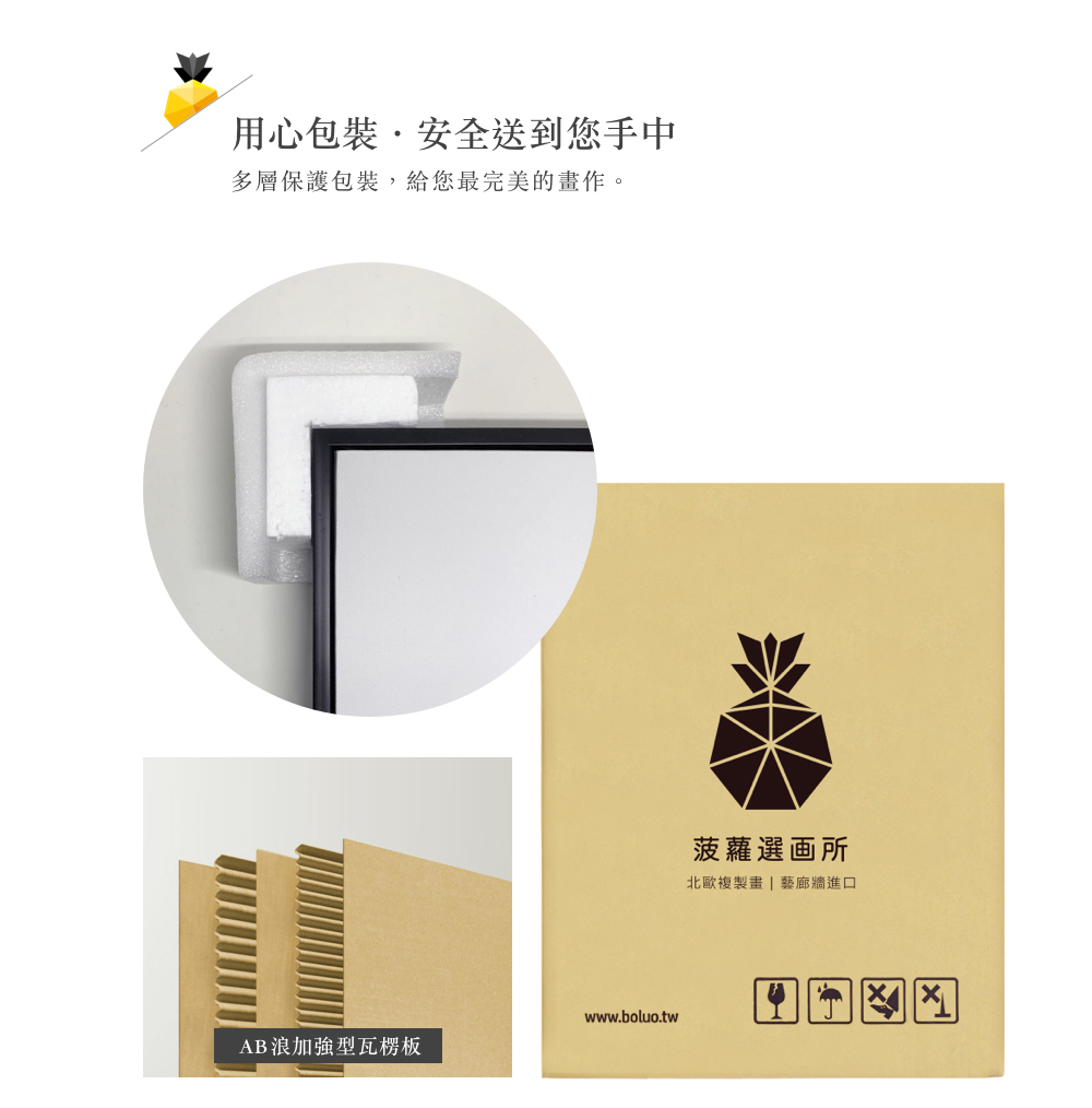 用心包裝,安全送到您手中 多層保護包裝,給您最完美的畫作。 菠蘿選画所 北歐複製畫藝廊牆進口 AB浪加強型瓦楞板 