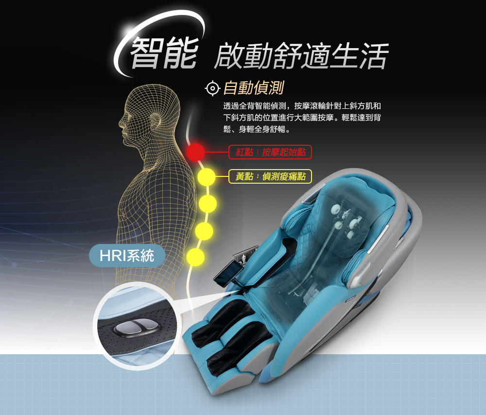 透過全背智能偵測,按摩滾輪針對上斜方肌和