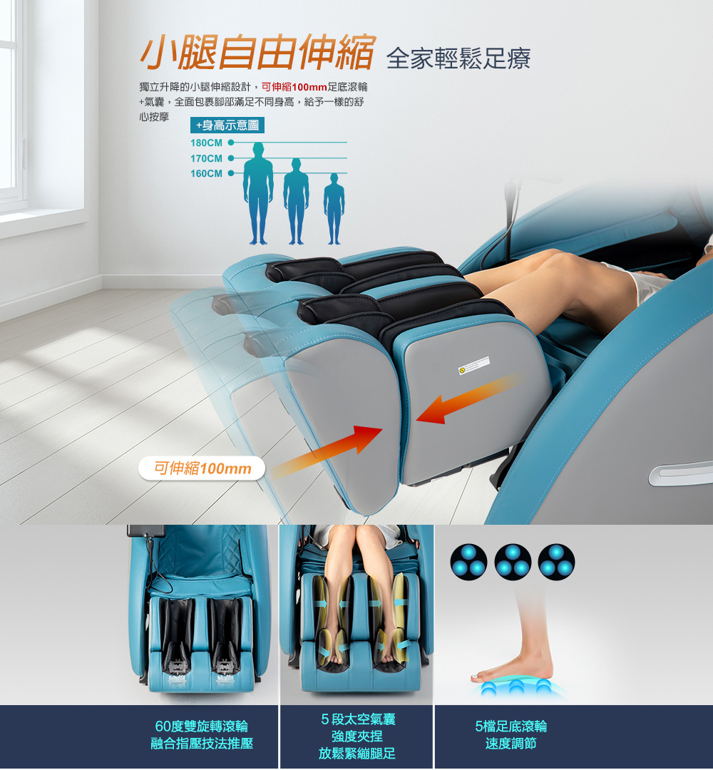 獨立升降的小腿伸縮設計,可伸縮100mm足底滾輪