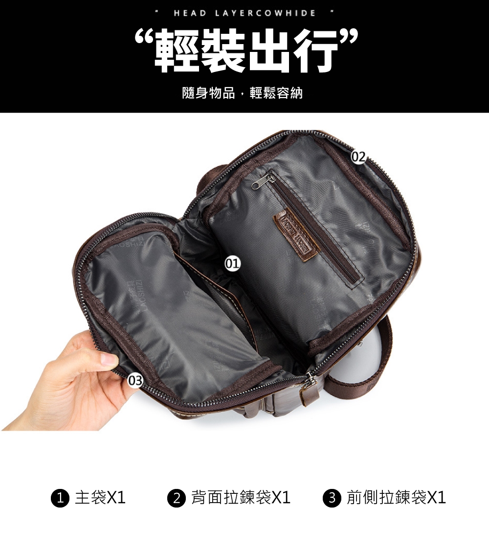 輕裝出行 隨身物品,輕鬆容納 0主袋X1 背面拉鍊袋X1 3前側拉鍊袋X1 