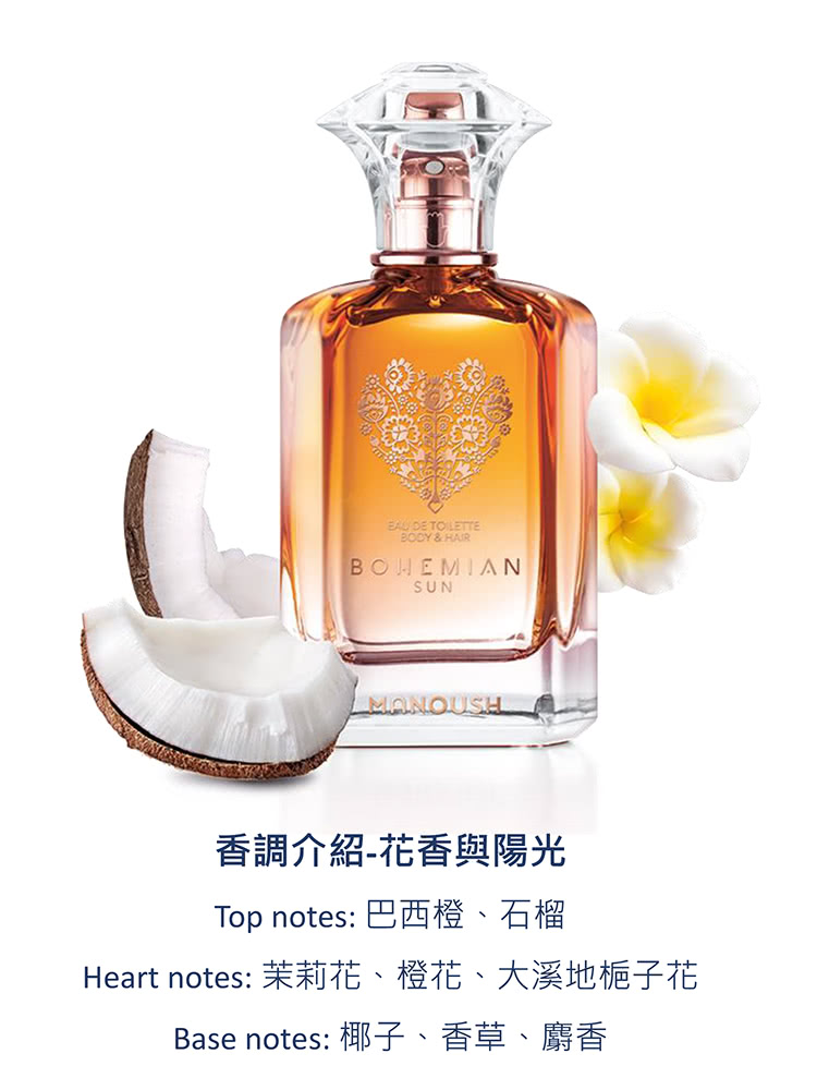 香調介紹花香與陽光 Top notes 巴西橙、石榴 Heart notes 茉莉花、橙花、大溪地栀子花 Base notes 椰子、香草、麝香 