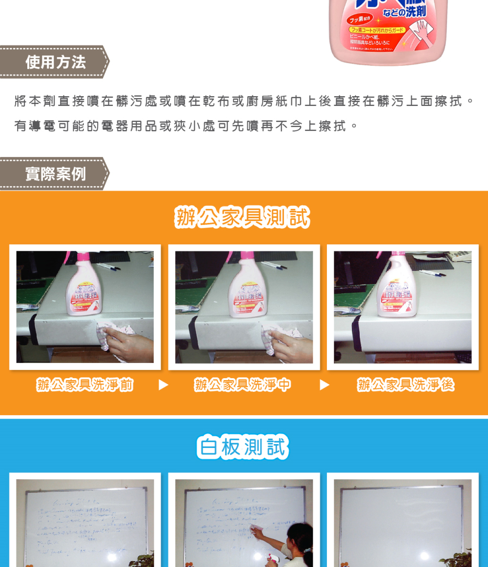 將本劑直接噴在髒污處或噴在乾布或廚房紙巾上後直接在髒污上面擦拭。