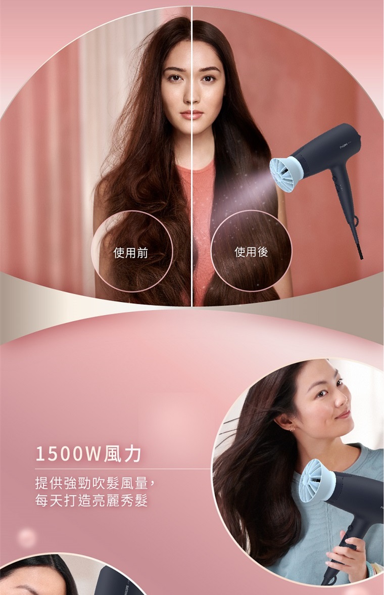 使用前 使用後 1500W風力 提供強勁吹髮風量, 每天打造亮麗秀髮 