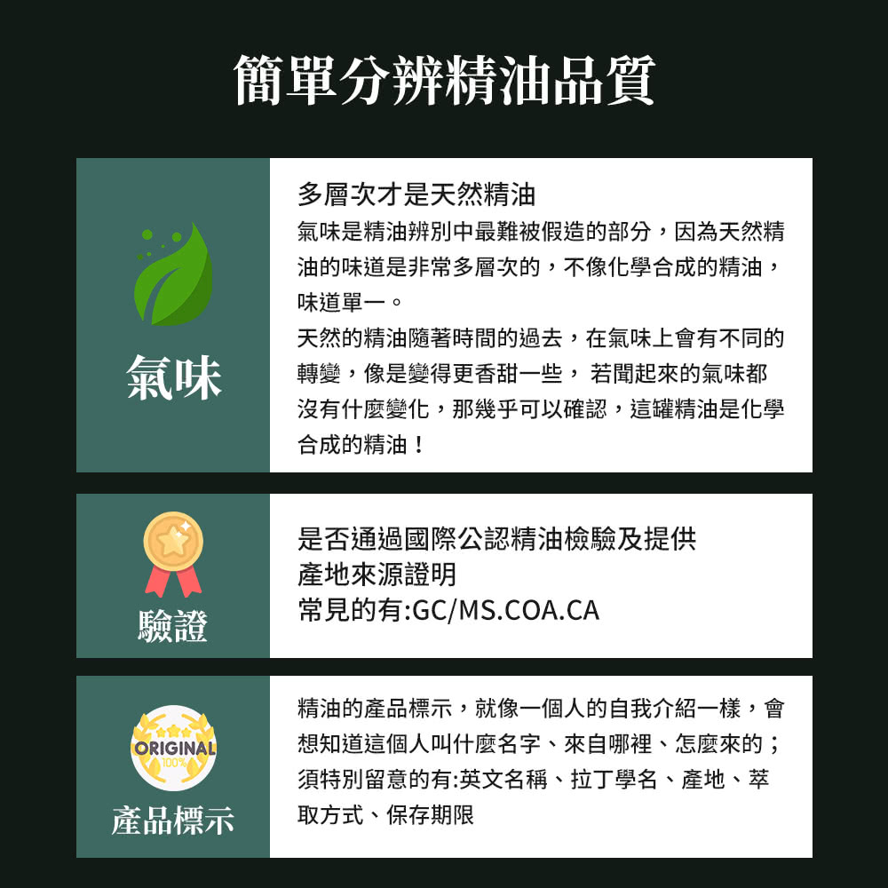 氣味是精油辨別中最難被假造的部分,因為天然精