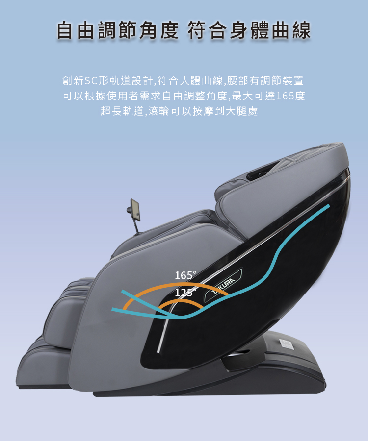 自由調節角度 符合身體曲線 創新SC形軌道設計,符合人體曲線,腰部有調節裝置 可以根據使用者需求自由調整角度,最大可達165度 超長軌道,滾輪可以按摩到大腿處 