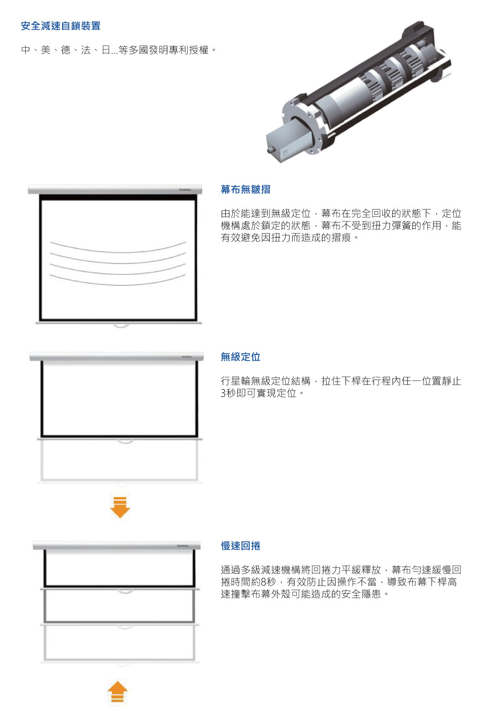 由於能達到無級定位,幕布在完全回收的狀態下,定位