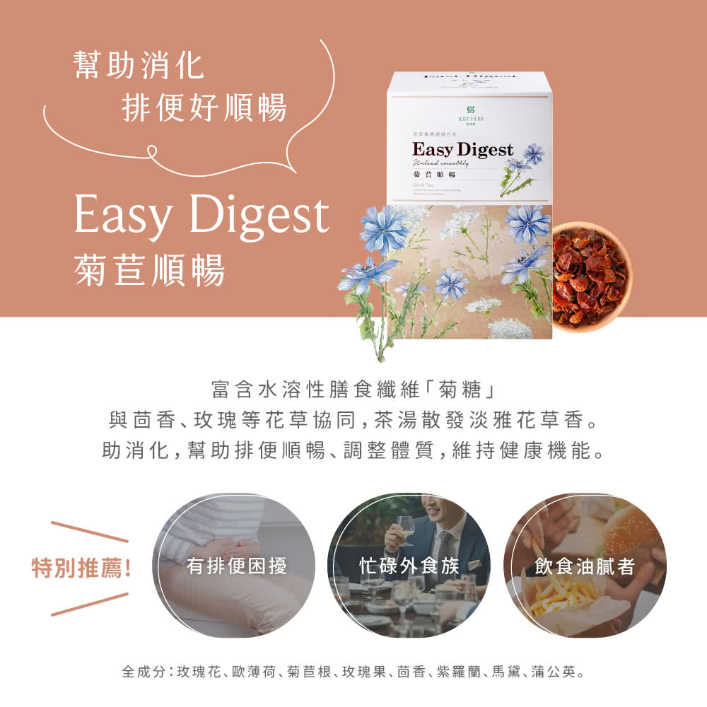 全成分玫瑰花、歐薄荷、菊苣根、玫瑰果、茴香、紫羅蘭、馬黛、蒲公英。