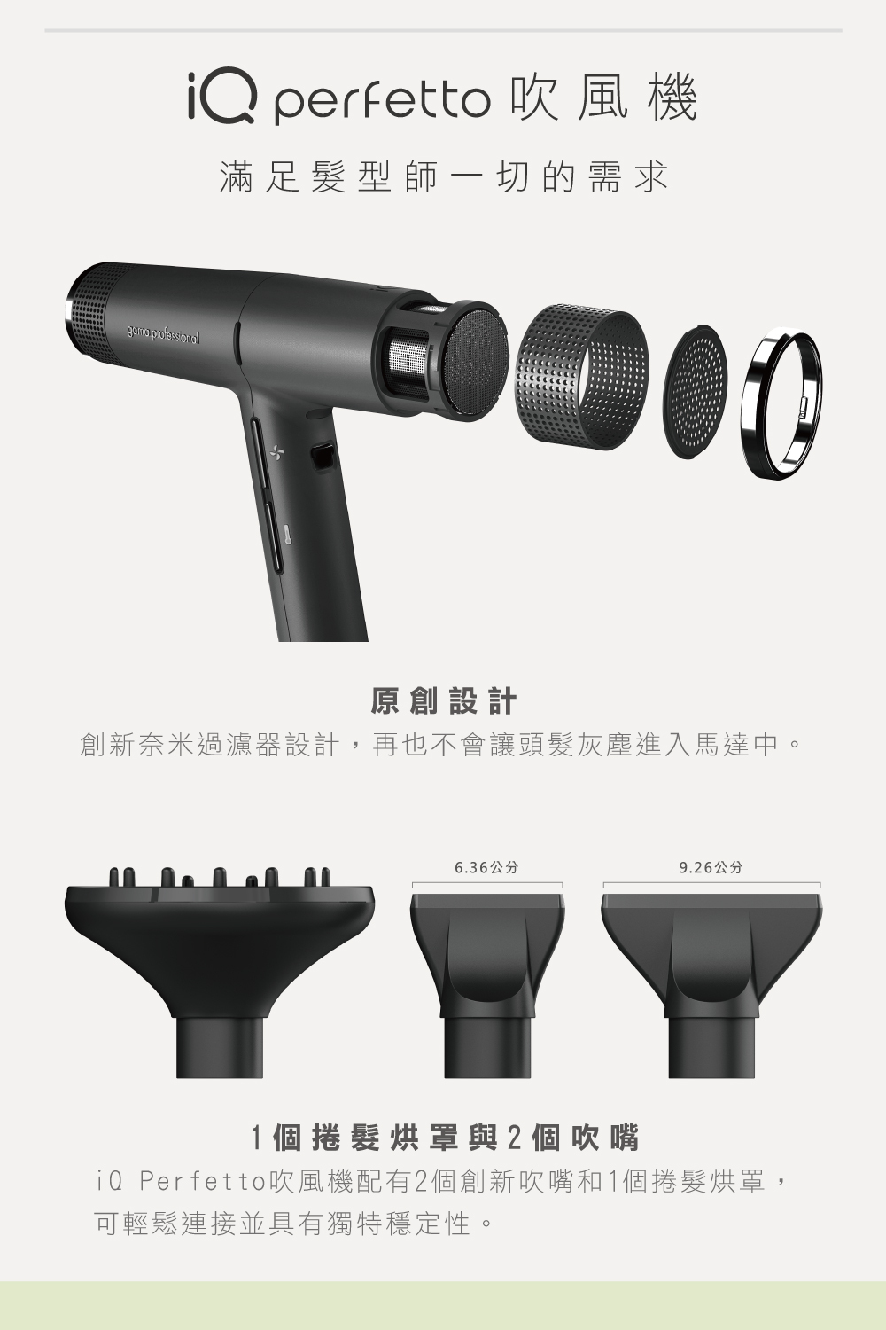 iQ Perfetto吹風機配有2個創新吹嘴和1個捲髮烘罩,