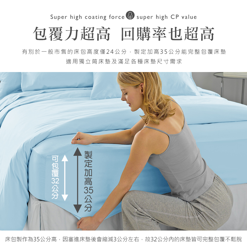 床包製作為35公分高,因塞進床墊後會縮減3公分左右,故32公分內的床墊皆可完整包覆不鬆脫