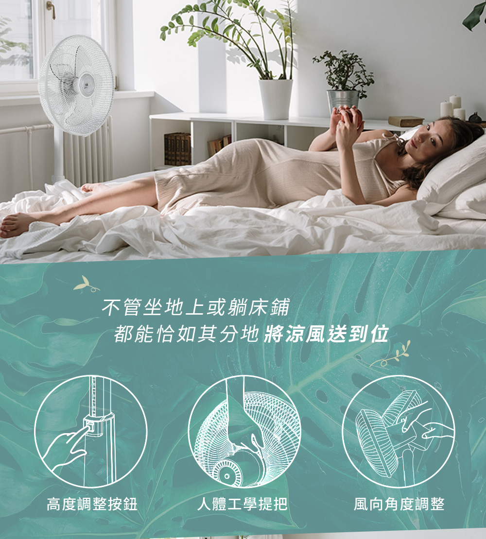 不管坐地上或躺床鋪 都能恰如其分地 將涼風送到 位 高度調整按鈕 人體工學提把 風向角度調整