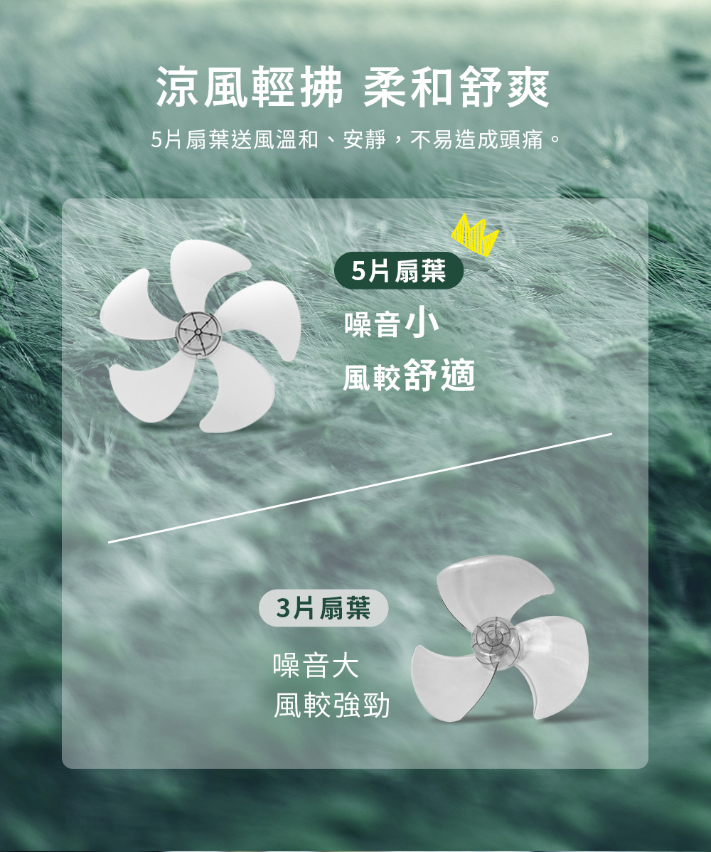 5片扇葉送風溫和、安靜,不易造成頭痛。