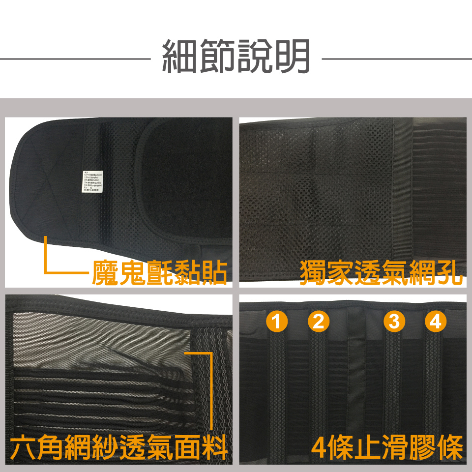 細節說明 魔鬼氈黏貼 獨家添氣網孔 六角網紗透氣面料 4條止滑膠條 