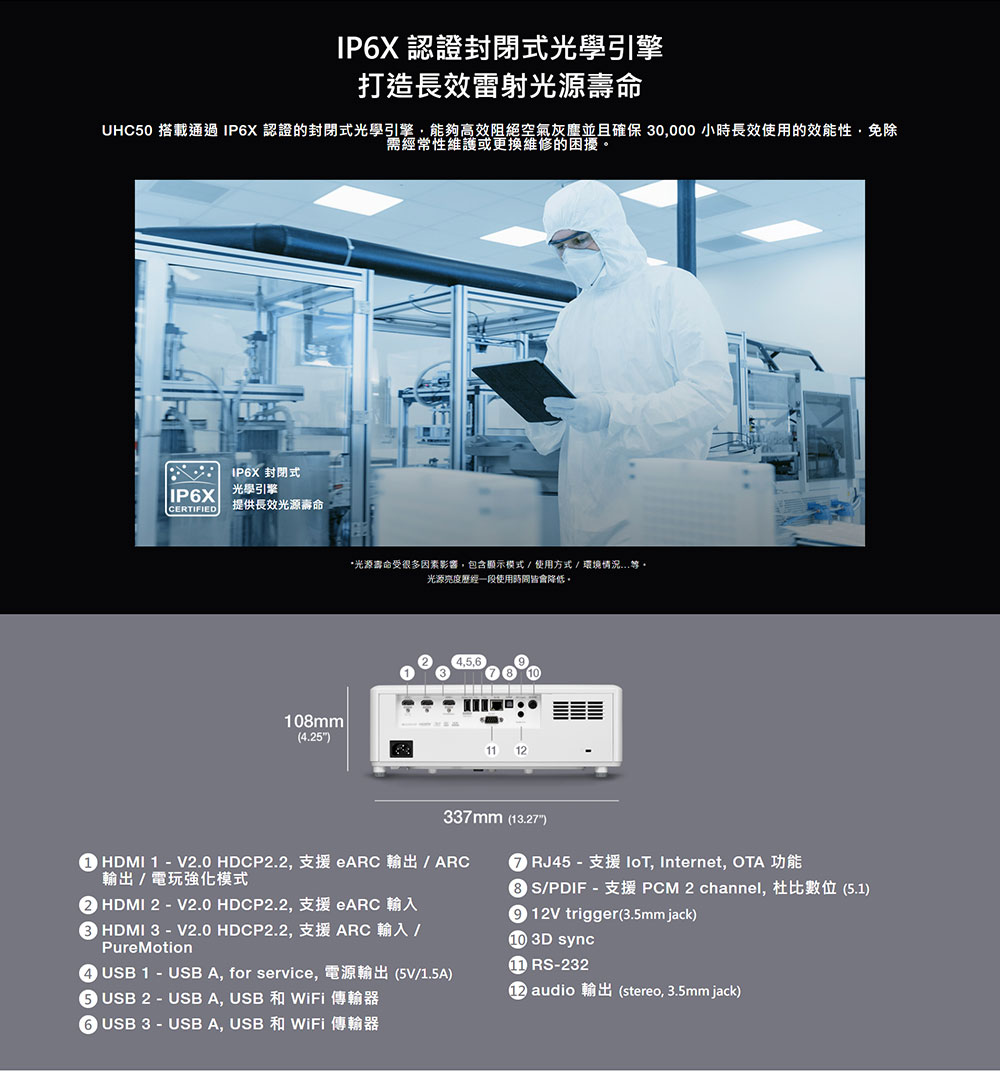 UHC50 搭載通過IP6X認證的封閉式光學引擎,能夠高效阻絕空氣灰塵並且確保 30,000小時長效使用的效能性,免除