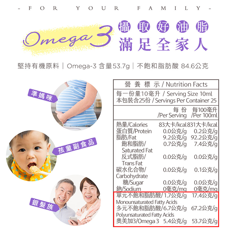 堅持有機原料 Omega3 含量53.7g 不飽和脂肪酸 84.6公克