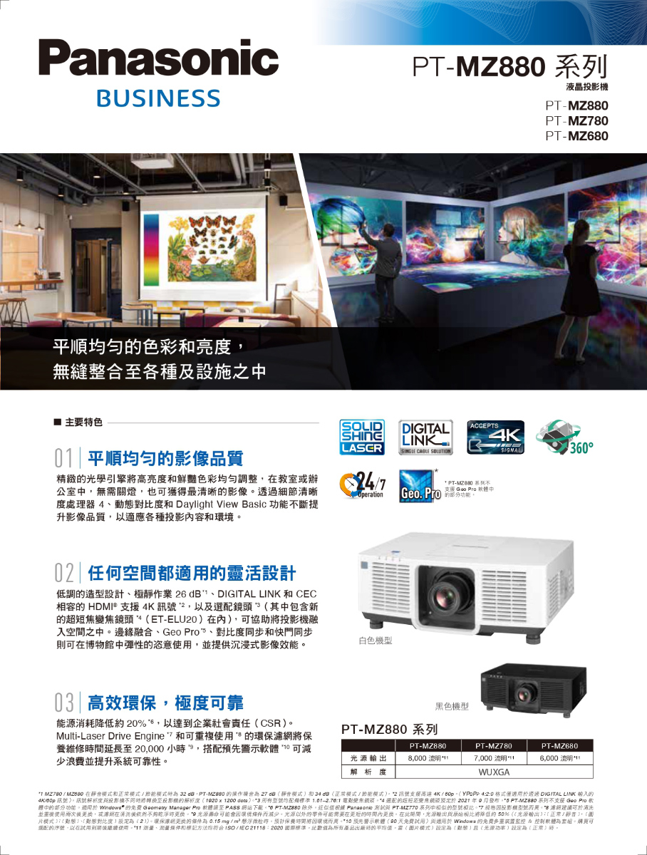 種中的部分功能。過用於 Windowa的免費Goomeny Manager Pro軟體請至PASS 網站下載。PT.MZ880除外,近似值很候 Panagone测試與PTMZ770 系列中編似的型號相比。7規格国投影型號而異。8浦網理議可於清洗