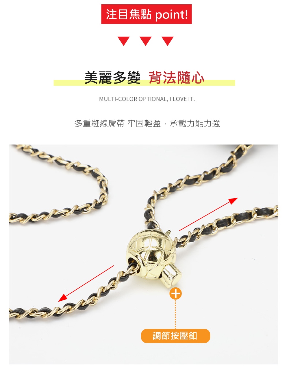 注目焦點 point 美麗多變 背法隨心 多重縫線肩帶牢固輕盈,承載力能力強 調節按壓釦 