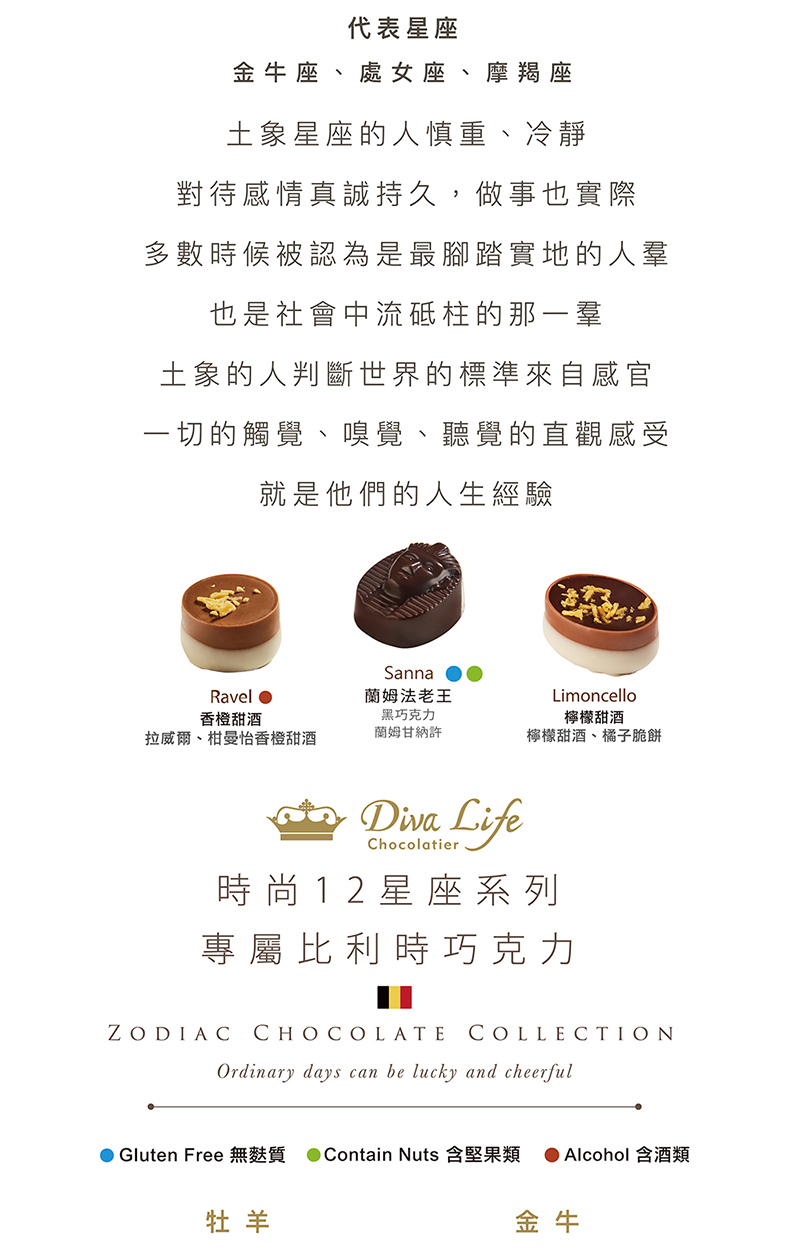 Gluten Free 無麩質 Contain Nuts 含堅果類  Alcohol 含酒類