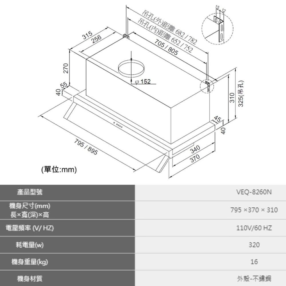 吊孔內距離 652  752