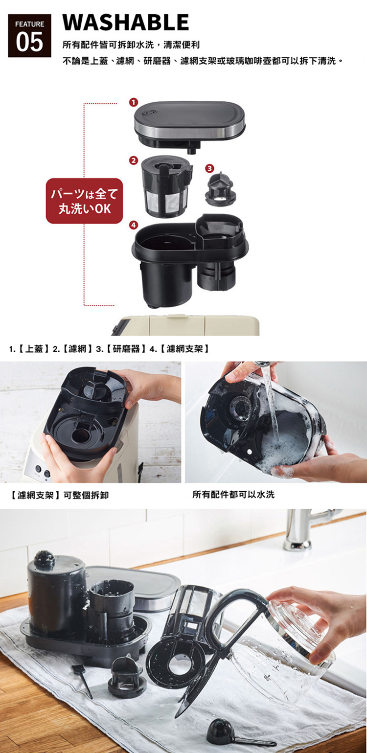 不論是上蓋、濾網、研磨器、濾網支架或玻璃咖啡壺都可以拆下清洗。