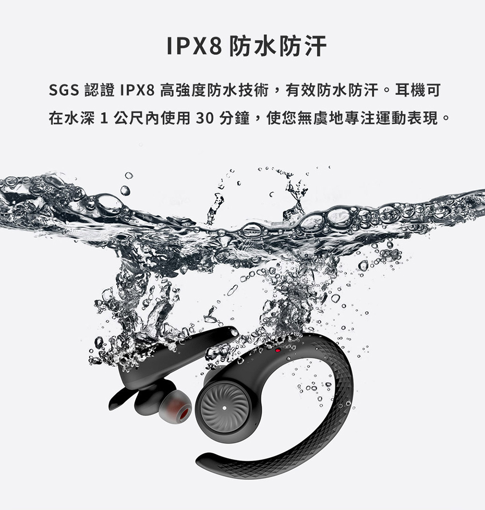 IPX8防水防汗 SGS 認證 IPX8 高強度防水技術,有效防水防汗。耳機可 在水深1公尺內使用 30 分鐘,使您無虞地專注運動表現。 