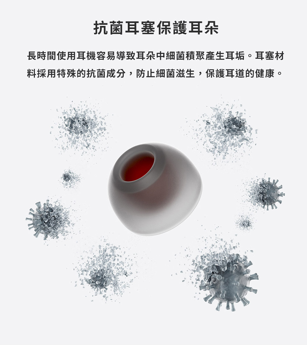 抗菌耳塞保護耳朵 長時間使用耳機容易導致耳朵中細菌積聚產生耳垢。耳塞材 料採用特殊的抗菌成分,防止細菌滋生,保護耳道的健康。 
