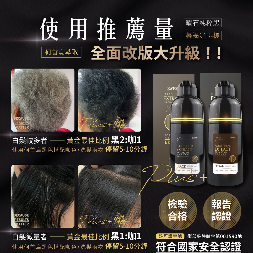 使用何首烏黑色搭配咖色,洗髮兩次 停留510分鐘 符合國家安全認證