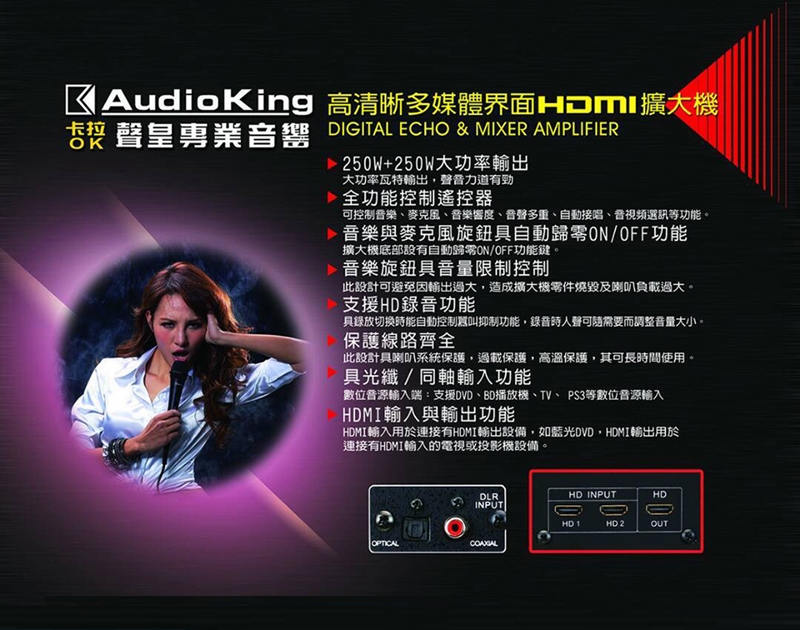 AudioKing 高清晰多媒體擴大皇響 DIGITAL ECHO & MIXER AMPLIFIER250W+250W大功率輸出大功率瓦特輸出聲力有勁 全功能控制遙控器可控制音樂、麥克風、音樂、音聲多重、自動接唱、音視頻選訊等功能。音樂與麥克風旋鈕自動歸零ON/OFF功能擴大機底部設有自動歸零ON/OFF功能鍵。 音樂旋鈕音量限制控制此設計可避免因輸出過大造成擴大機零件燒毀及喇叭負載過大。支援錄音功能具錄放切換時能自動控制叫抑制功能錄音時人聲可隨需要而調整音量大小。保護線路齊全此設計具喇叭系統保護,過載保護,高溫保護,其可長時間使用。具光纖/同軸輸入功能數位音源輸入端:支援DVD、BD播放機、TV、PS3等數位音源輸入HDMI輸入與輸出功能HDMI輸入用於連接有HDMI輸出設備,如藍光DVD,HDMI輸出用於連接有HDMI輸入的電視或投影機設備。DLRINPUTHD INPUTHDHD 1HD 2OUTOPTICAL