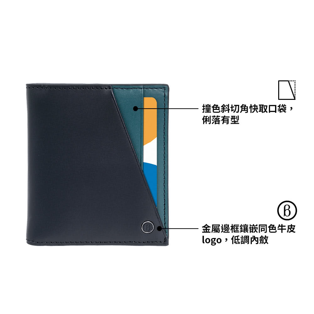 撞色斜切角快取口袋, 俐落有型 金屬邊框鑲嵌同色牛皮 logo,低調內斂 