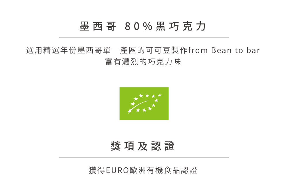 墨西哥 80%黑巧克力 選用精選年份墨西哥單一產區的可可豆製作from Bean to bar 富有濃烈的巧克力味 獎項及認證 獲得EURO歐洲有機食品認證 