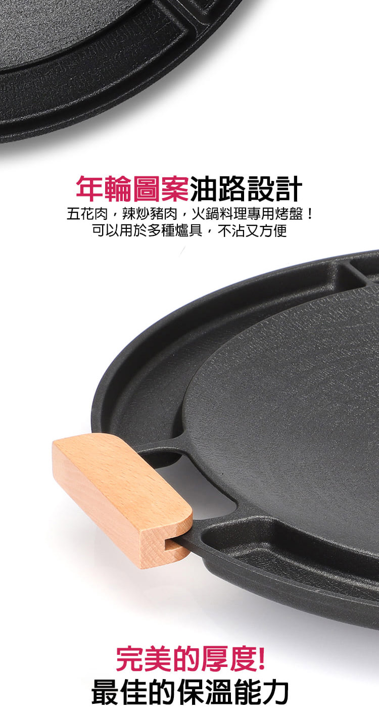 年輪圖案油路設計 五花肉,辣炒豬肉,火鍋料理專用烤盤 可以用於多種爐具,不沾又方便 完美的厚度 最佳的保溫能力 
