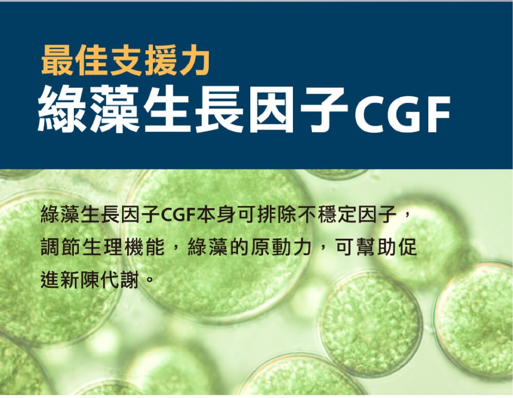 最佳支援力 綠藻生長因子CGF 綠藻生長因子CGF本身可排除不穩定因子, 調節生理機能,綠藻的原動力,可幫助促 進新陳代謝。