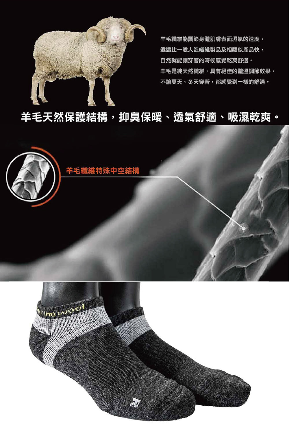 羊毛天然保護結構,抑臭保暖、透氣舒適、吸濕乾爽。