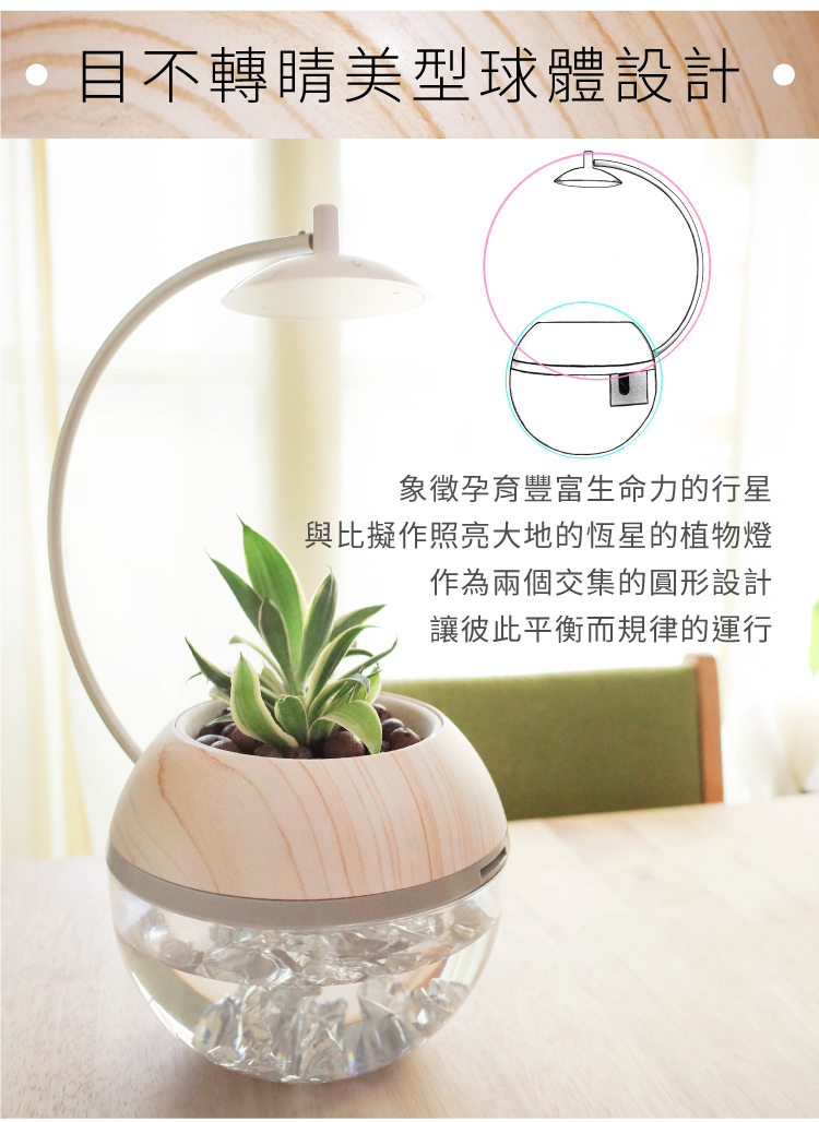 目不轉睛美型球體設計 象徵孕育豐富生命力的行星 與比擬作照亮大地的恆星的植物燈 作為兩個交集的圓形設計 讓彼此平衡而規律的運行 