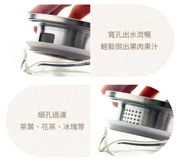 細孔過濾 茶葉、花茶、冰塊等 寬孔出水流暢 輕鬆倒出果肉果汁 