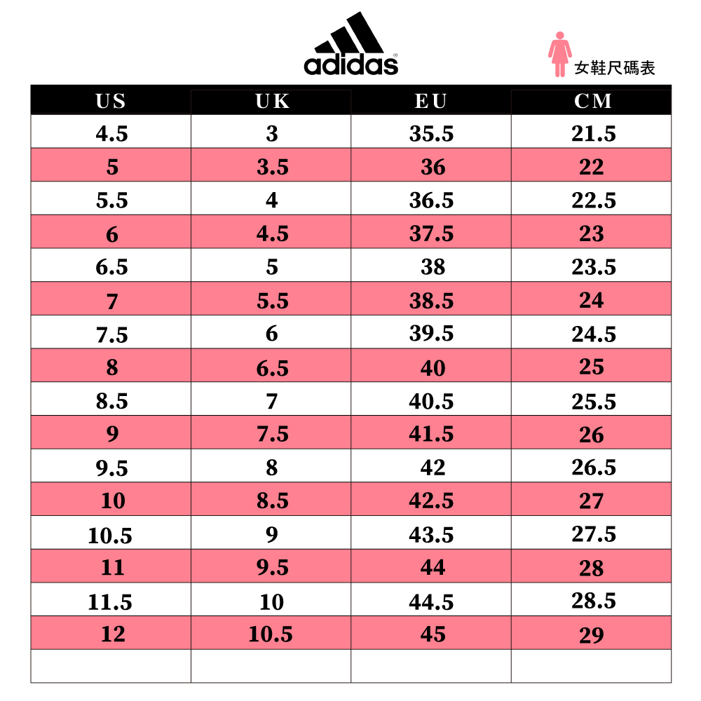 adidas女鞋尺碼表USUKEUCM4.5335.521.553.536225.5436.522.564.537.5236.553823.575.538.5247.5639.524.586.540258.5740.525.597.541.5269.584226.5108.542.52710.5943.527.5119.5442811.51044.528.51210.54529