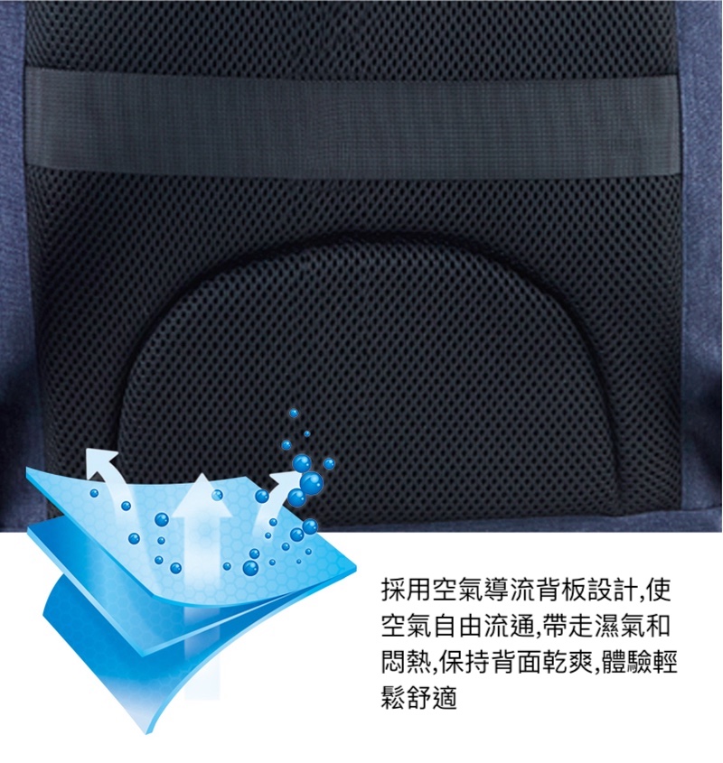 採用空氣導流背板設計,使 空氣自由流通,帶走濕氣和 悶熱,保持背面乾爽,體驗輕 鬆舒適