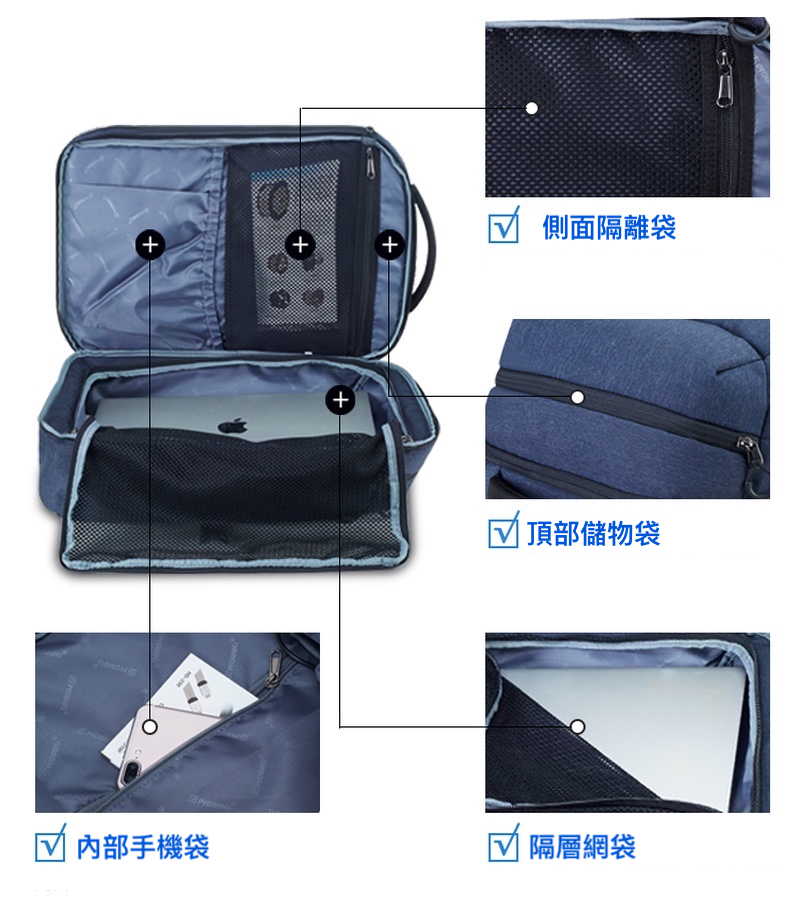 內部手機袋 側面隔離袋 頂部儲物袋 隔層網袋