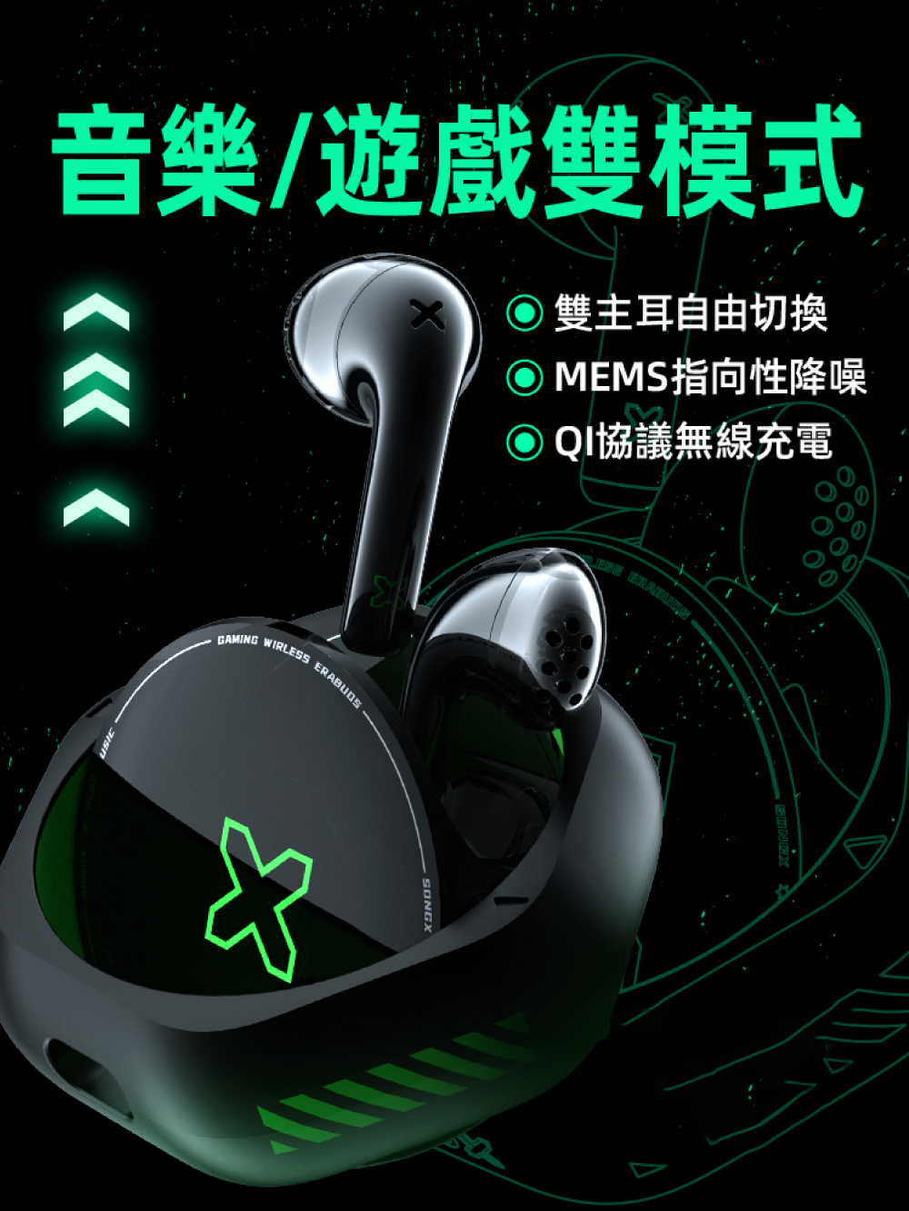 音樂遊戲雙模式 雙主耳自由切換 MEMS指向性降噪 Q協議無線充電 
