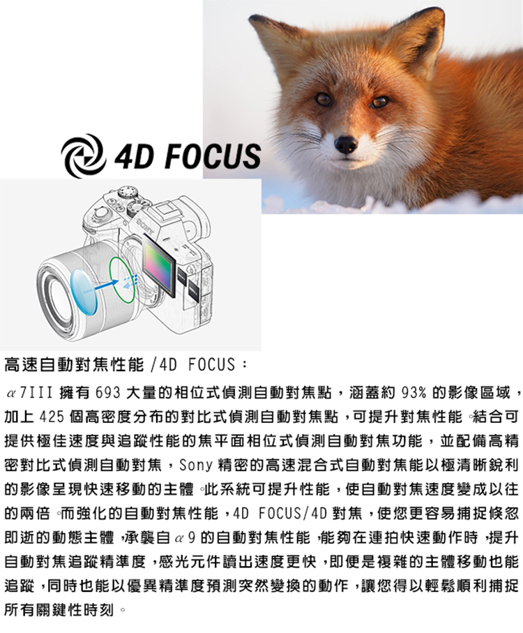 a7III 擁有693 大量的相位式偵測自動對焦點,涵蓋約93%的影像區域,