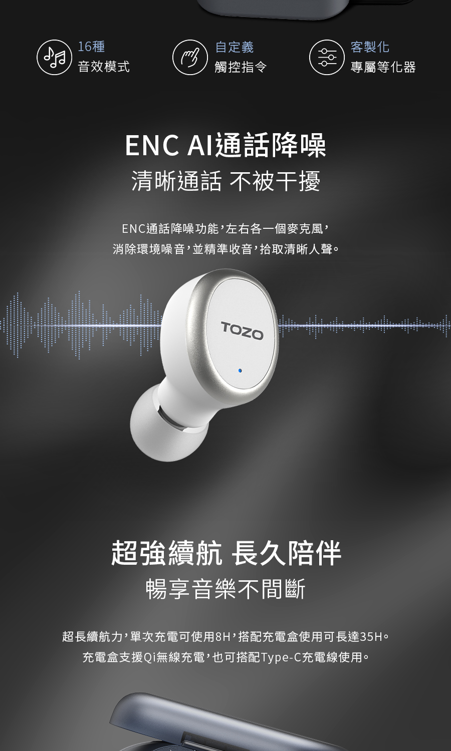 超長續航力,單次充電可使用8H,搭配充電盒使用可長達35H。