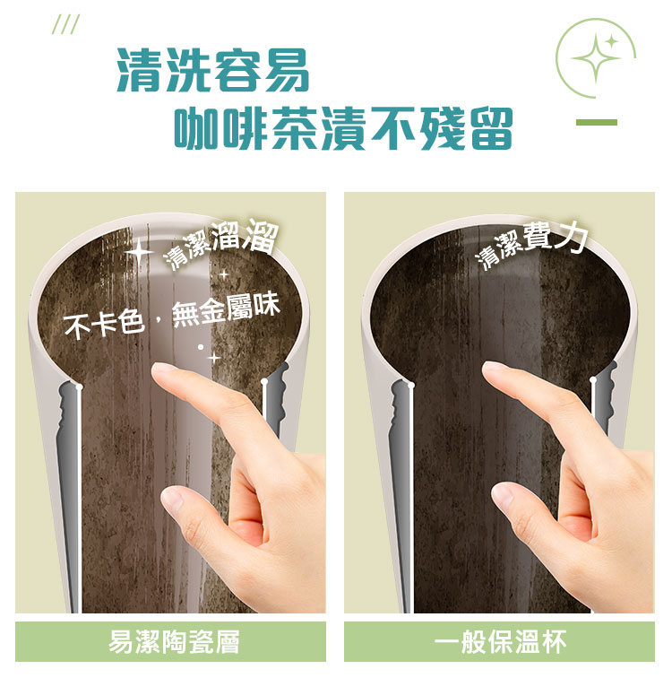 清洗容易 咖啡茶漬不殘留 不卡色,無金屬味 易潔陶瓷層 一般保溫杯 
