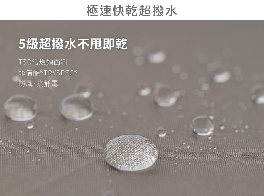 極速快乾超撥水 5級超撥水不甩即乾 TSD常規類面料 絲倍酷 TRYSPEC 防風、抗靜電 