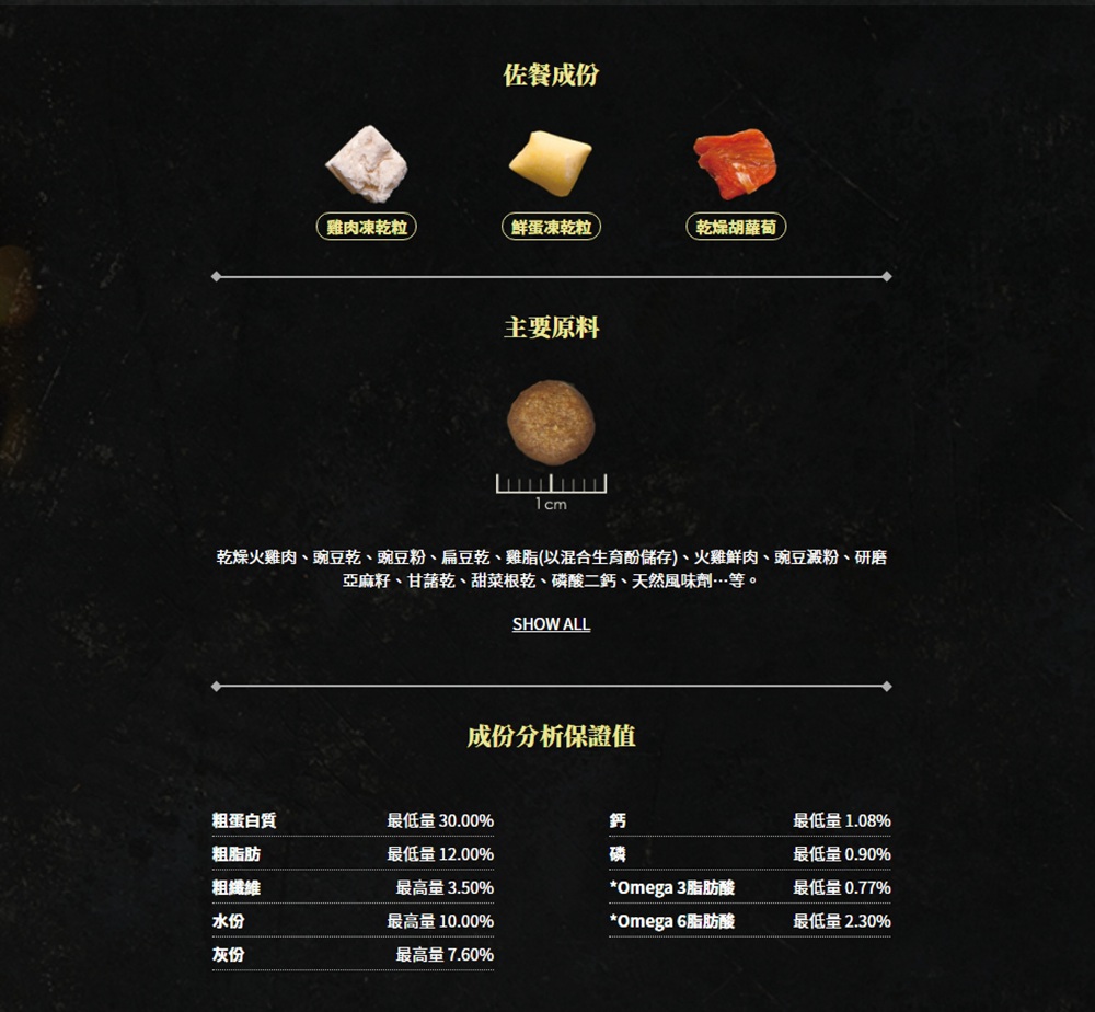 乾燥火雞肉、豌豆乾、豌豆粉、扁豆乾、雞脂以混合生育酚儲存、火雞鮮肉、豌豆澱粉、研磨