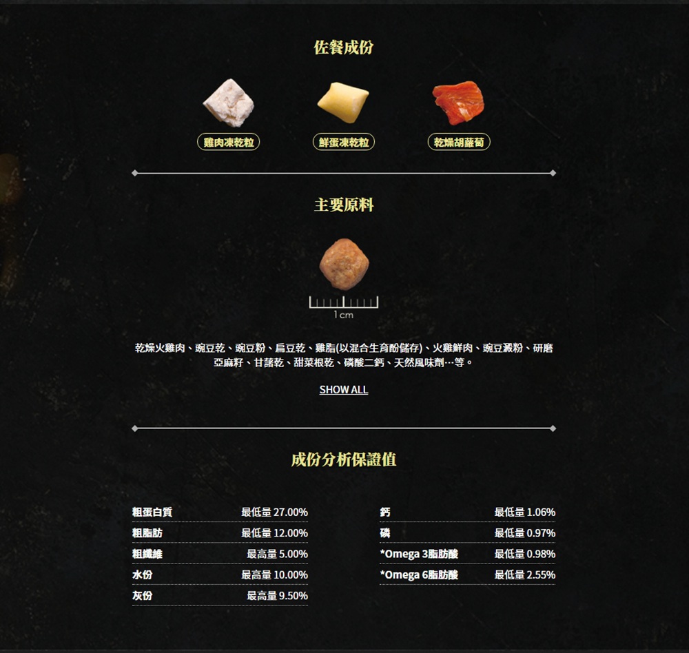 乾燥火雞肉、豌豆乾、豌豆粉、扁豆乾、雞脂以混合生育酚儲存、火雞鮮肉、豌豆澱粉、研磨