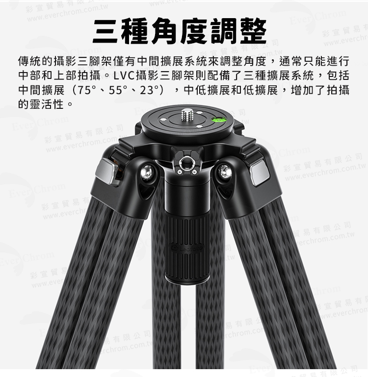 中部和上部拍攝。LVC攝影三腳架則配備了三種擴展系統,包括
