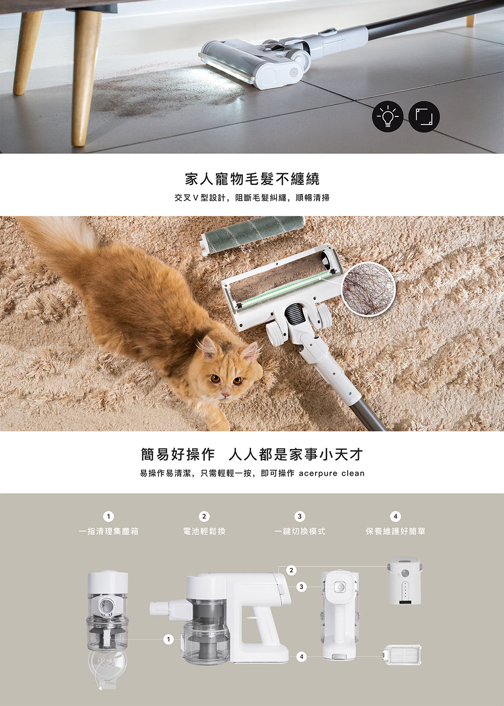 易操作易清潔,只需輕輕一按,即可操作 acerpure clean
