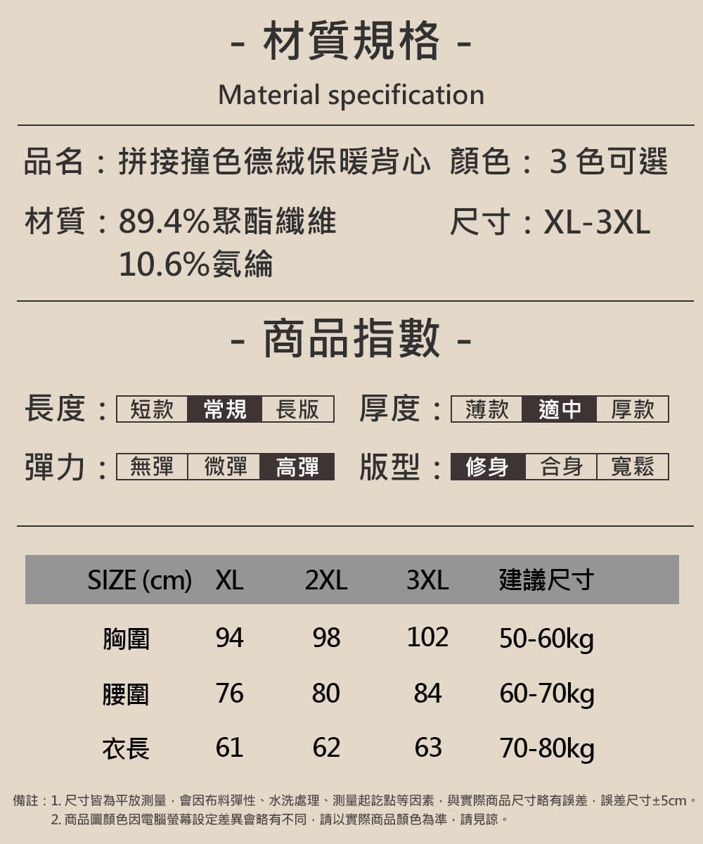 備註 1. 尺寸皆為平放測量,會因布料彈性、水洗處理、測量起訖點等因素,與實際商品尺寸略有誤差,誤差尺寸5cm。