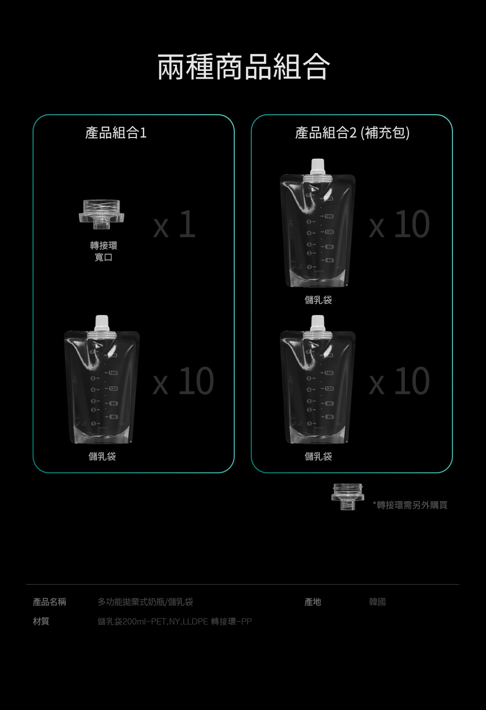 儲乳袋200mlPET, NY, LLDPE 轉接環PP