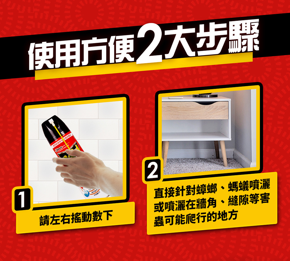 使用方便2大步驟 請左右搖動數下 直接針對蟑螂、螞蟻噴灑 或噴灑在牆角、縫隙等害 蟲可能爬行的地方 
