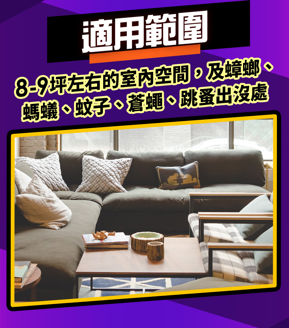 適用範圍 89坪左右的室內空間,及蟑螂、 螞蟻、蚊子、蒼蠅、跳蚤出沒處 